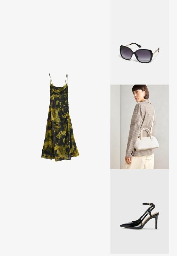 Robe sans manches à col drapé dans un motif camouflage de vert foncé, olive et noir. Tissu doux et fluide avec une coupe décontractée.; Escarpin en cuir verni noir à talon haut, avec un bout pointu, une bride réglable à la cheville et des côtés ouverts. Texture lisse.; Lunettes de soleil noires surdimensionnées avec des verres dégradés, monture épaisse et détails en chaîne dorée sur les branches.; Sac à main structuré blanc avec de courtes poignées et une bandoulière, doté de accents en métal doré et d'un matériau texturé, présenté sur un fond gris.