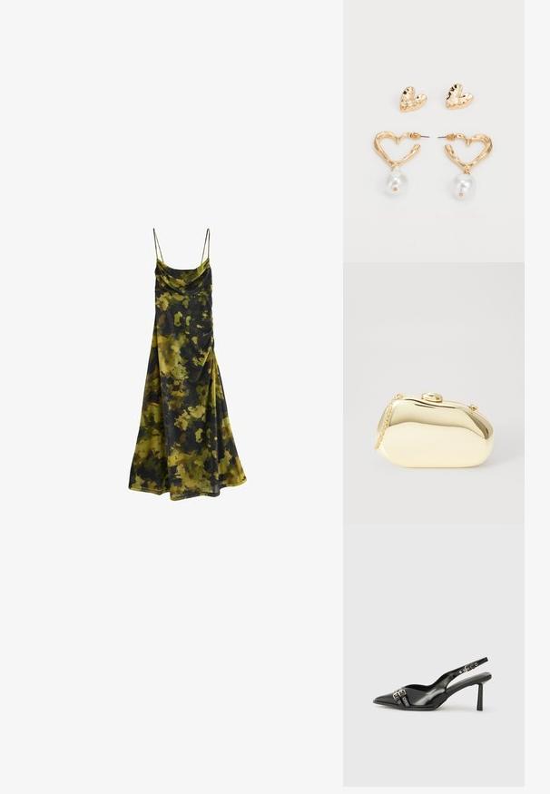 Rochie fără mâneci, cu guler tip capot, într-un model de camuflaj de verde închis, măslin și negru. Material moale și fluid, cu o croială lejeră.; Pantofii slingback din piele lăcuită neagră, cu vârf ascuțit, bretele pentru gleznă cu catarame și accesorii din argint, și un toc subțire.; Clutch metalizat de culoare aurie, cu o formă netedă și rotundă, având un închizător tip buton în partea de sus și o curea mică pentru purtare.; Cercei în formă de inimă, aurii, cu un finisaj texturat, având un accent de perlă suspendat. Include cercei cu mărgărită asortați în formă de inimă.