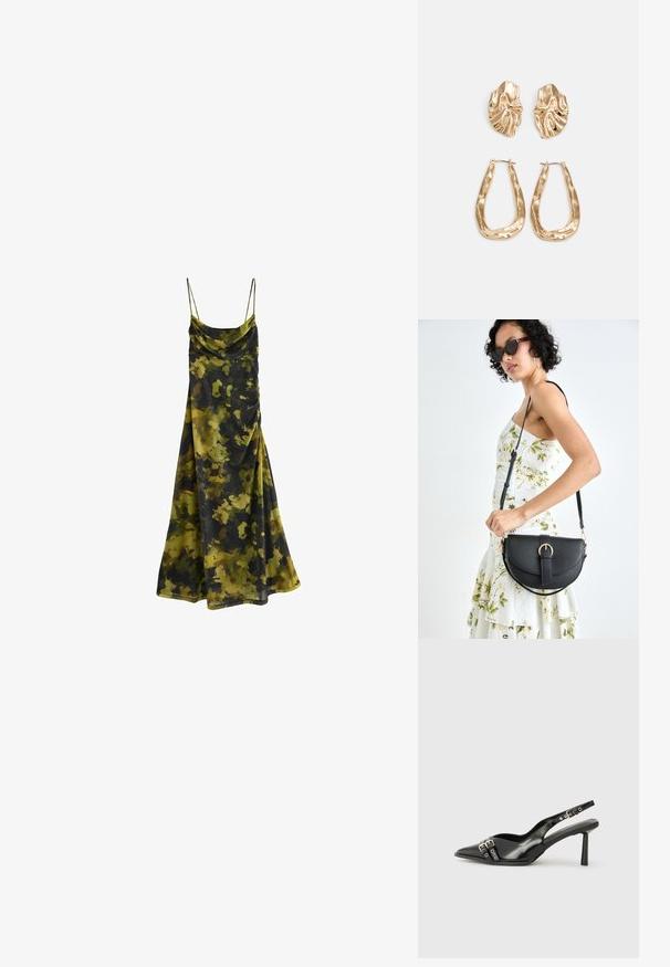 Kaelusega, lühikeste varrukatega kleit, millel on tumeroheline, oliivroheline ja must kamuflaažmustril. Pehme, voogav kangas ja lõdva lõikega.; Must musta nahk kingad sanga ja terava ninaga, ankle strapidega, millel on hõbedased pandlad ja riistvara ning õhuke konts.; Mustmust mustraha kõverate joontega, eemaldatava rihmaga ja kuldsete detailidega. Kotil on klapp, millel on pandladetail.; Kuldse värvi kõrvarõngad, mis on kaunistatud tekstuursete ja laineliste kujunditega. Komplektis on skulpturaalsed klamber kõrvarõngad ja avatud rõngasdisain, millel on lõhestatud viimistlus.