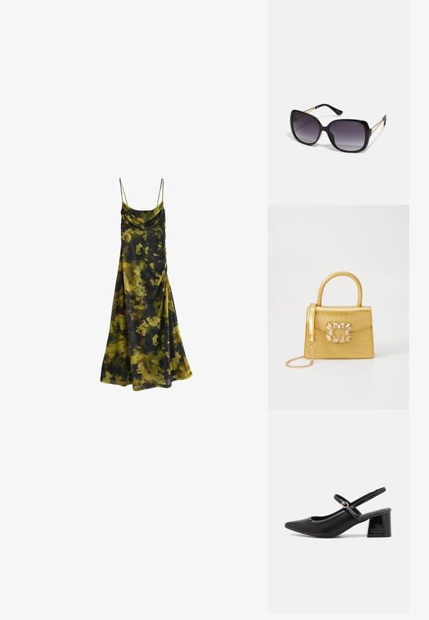 Ärmelloses Kleid mit Kapuzenkragen im Camouflage-Muster aus Dunkelgrün, Olivgrün und Schwarz. Weicher, fließender Stoff mit lockerer Passform.; Schwarze Lackleder-Slingback-Absätze mit spitzer Zehenform, einem runden Ausschnitt-Design und einem Blockabsatz. Mit einem goldfarbenen Schnallenakzent.; Schwarze übergroße Sonnenbrille mit getönten Gläsern, dicken Rahmen und goldfarbener Kettendetaillierung an den Bügeln.; Gelbe Kunstleder-Handtasche im Krokodil-Look mit strukturiertem Design, Obergriff, abnehmbarem Kettenriemen und dekorativer Kristallverzierung am Verschluss.
