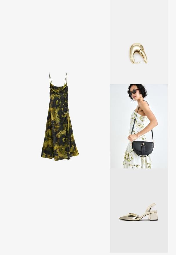 Mouwloze jurk met een col-nek in een camouflagemotief van donkergroen, olijfgroen en zwart. Zachte, vloeiende stof met een ontspannen pasvorm.; Gouden, metalen slingback hakken met een spitse neus en een chunky hak. Glad oppervlak, minimalistisch ontwerp en een smalle band.; Zwarte leren handtas met een gebogen vorm, afneembare schouderband en gouden hardware. De tas heeft een klep met een gespsluiting.; Gouden metalen oorbel met een slank, gebogen ontwerp. Beschikt over een kenmerkende puntige vorm, gepolijste oppervlakte en scharnier sluiting.