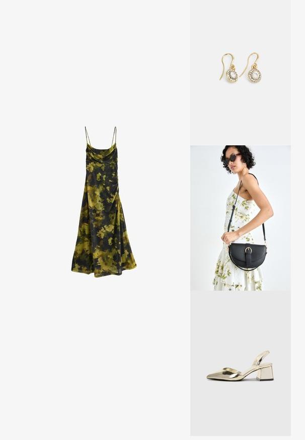 Ärmelloses Kleid mit Kapuzenkragen im Camouflage-Muster aus Dunkelgrün, Olivgrün und Schwarz. Weicher, fließender Stoff mit lockerer Passform.; Goldene, metallische Slingback-Absätze mit spitzem Zeh und dicker Ferse. Glatte Textur, minimalistisches Design und ein schmaler Riemen.; Schwarze Lederhandtasche mit geschwungener Form, abnehmbarem Tragegurt und goldenen Beschlägen. Die Tasche verfügt über einen Deckel mit einer Schnallen-Details.; Goldfarbene Ohrringe mit ovalen klaren Kristallen, die von kleineren klaren Steinen umgeben sind, und einem Haken-Design für sicheren Halt.