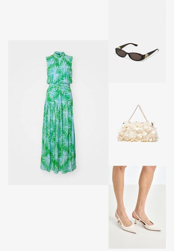 Diane von Furstenberg MENON DRESS - Vestido comprido - green; Saltos slingback de verniz bege com bico fino e salto de 5 cm, apresentando lados recortados e uma tira fina no tornozelo.; Óculos de sol de tartaruga com lentes ovais alongadas, tom castanho, acentos de logotipo dourado nas hastes e hastes pretas elegantes.; Bolsa de mão branca com superfície de tecido franzido, alça de corrente em tom dourado e fecho de metal. Apresenta pétalas texturizadas para um detalhe adicional.
