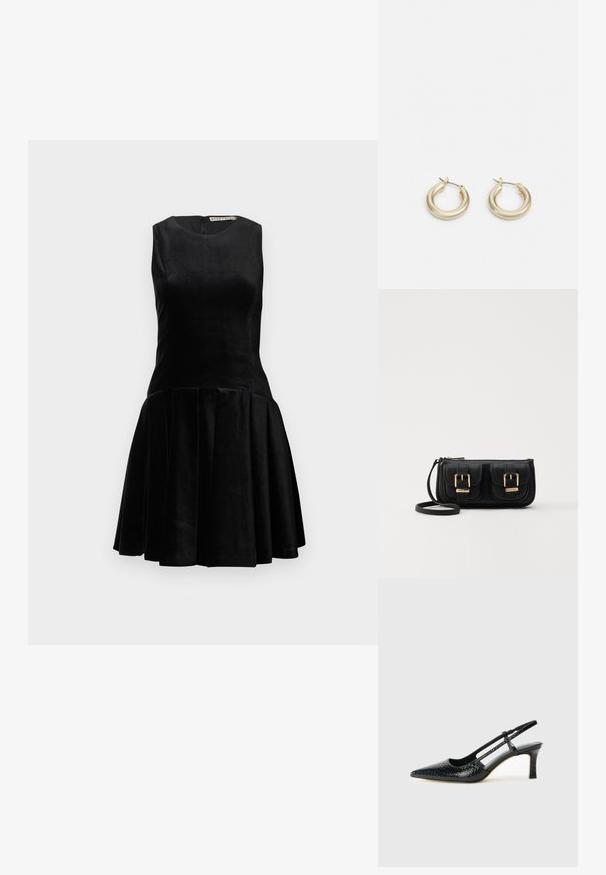 Robe sans manches noire en velours, présentant un corsage ajusté et une jupe plissée évasée, avec un col rond et une fermeture éclair au dos.; Escarpin slingback en vernis noir avec un bout pointu, présentant un imprimé serpent texturé, une sangle réglable et un petit talon bloc texturé.; Sac en cuir noir porté en travers avec deux poches avant, boucles dorées, fermeture zippée et une sangle fine. Surface texturée et forme rectangulaire compacte.; Lauren Ralph Lauren BASIC SMALL HOOP - Boucles d'oreilles - gold-coloured