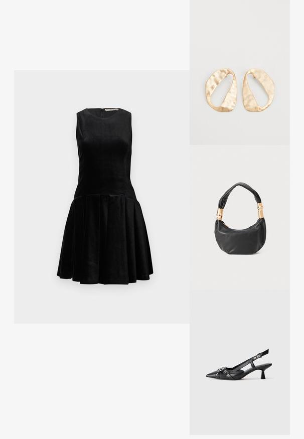 Abito nero senza maniche realizzato in tessuto di velluto, con un corpetto aderente e una gonna a pieghe svasata, dotato di scollatura rotonda e zip sul retro.; Scarpa slingback nera in pelle con punta affusolata, cinturini decorativi con occhielli metallici e tacco basso a blocco. Superficie testurizzata.; Borsa a tracolla in pelle nera con una forma rotonda, texture morbida e manico annodato con dettagli in metallo dorato. Chiusura con zip.; Un paio di orecchini in metallo di tonalità dorata, di forma ovale irregolare, con superficie texturizzata e leggermente martellata, su uno sfondo bianco.
