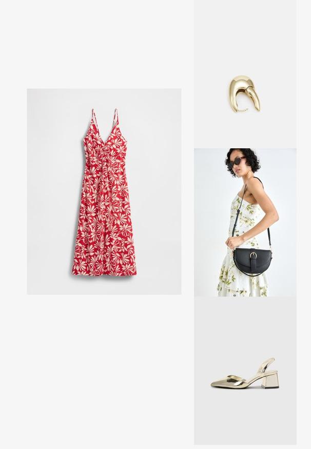 Rotes ärmelloses Midi-Kleid mit weißem floralen Muster und gerafften Details am V-Ausschnitt, vor einem weißen Hintergrund präsentiert.; Goldene, metallische Slingback-Absätze mit spitzem Zeh und dicker Ferse. Glatte Textur, minimalistisches Design und ein schmaler Riemen.; Schwarze Lederhandtasche mit geschwungener Form, abnehmbarem Tragegurt und goldenen Beschlägen. Die Tasche verfügt über einen Deckel mit einer Schnallen-Details.; Ohrringe aus goldfarbenem Metall mit einem schlanken, geschwungenen Design. Sie verfügen über eine markante, spitze Form, eine polierte Oberfläche und einen Scharnierverschluss.