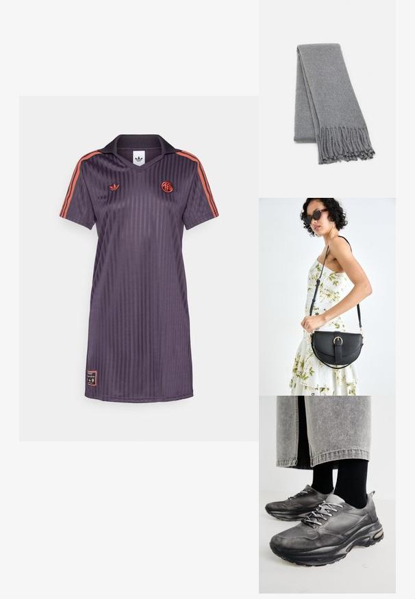 Jersey roxo riscado com colarinho, mangas curtas e riscas laranjas. Apresenta logótipos bordados no peito e detalhe da etiqueta na bainha.; Sapatilhas atléticas pretas e cinzentas apresentam um upper em malha, solas espessas e atacadores. Têm um bico arredondado e detalhes de amortecimento visíveis.; Cachecol cinza de lã com uma textura suave, apresentando bordas com franjas e um design simples. Dobrada de forma organizada, destacando sua forma alongada.; Bolsa de couro preta com forma curva, alça destacável e detalhes em dourado. A bolsa possui uma aba com detalhe de fivela.