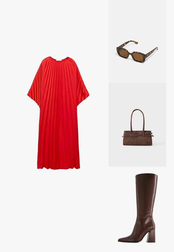 Červené plisované šaty s okrúhlym výstrihom a širokými rukávmi. Vyrobené z ľahkej textílie so vertikálnymi pruhmi pre štruktúru.; Hnedá kožená boot s dĺžkou po kolená, s špicatou špičkou a masívnym priehľadným podpätkom. Hladká textura s minimálnym zdobením.; Slnečné okuliare v tortoiseshell štýle s okrúhlym, robustným rámom a hnedými šošovkami. Má jemné vzory a rovné, zoštíhlené ramená.; Námornícky hodvábny šál s grafickým motívom jazdca na hnedom koni, dekoratívnym modrým lanovým vzorom a textom „LEVI’S NOSENÉ VŠETKÝMI KOVBOJMI“ v červenej farbe.; Hnedá semišová kabelka s dvoma robustnými rúčkami, obdlžníkovým tvarom a dekoratívnym pásom na prednej strane.