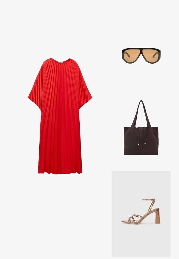 Röd plisserad klänning med rund halsringning och vida ärmar. Tillverkad av lättviktig tyg, med vertikala ränder för struktur.; Bronsfärgade högklackade sandaler med fyrkantig tå, tunn ankelrem och korslagd design framtill. Slät metallisk finish.; Svart överdimensionerade solglasögon med bruna linser, med breda, vinklade glasögonbågar och raka armar. Slät, glänsande yta, minimal hårdvara.; Mango Shoppingväska - dark brown