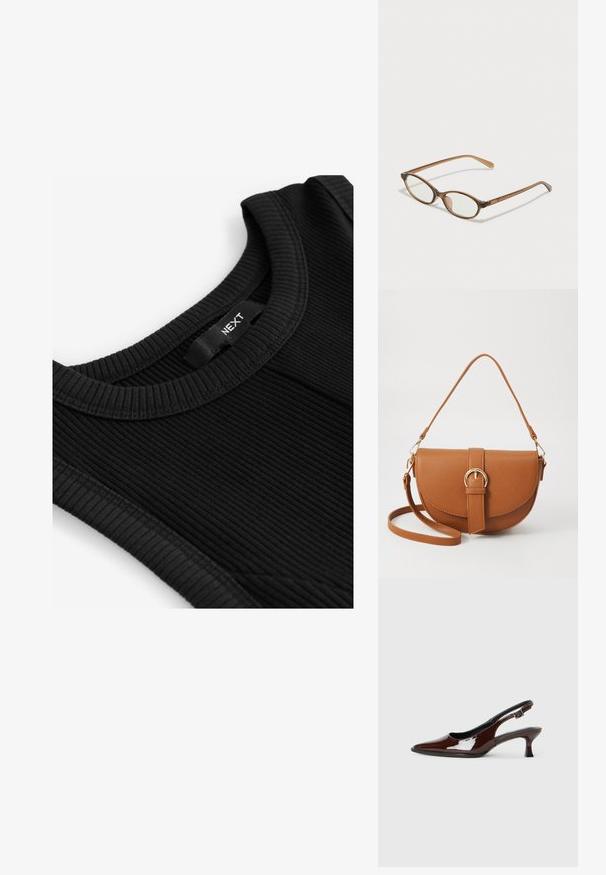 Schwarzes, geripptes Tanktop mit rundem Ausschnitt, strukturiertem Stoff und einem Etikett mit dem Markennamen "NEXT", das in den Halsausschnitt eingestickt ist.; Braune Lackleder-Slingback-Schuhe mit spitzer Zehe und moderatem Absatz. Mit einem Schnallenriemen für einen sicheren Sitz. Glatte Textur.; Braune Schildpatt-Brille mit ovalen Gläsern, dünnen Bügeln und transparenten Akzenten. Verfügt über ein dezentes Logo am Bügel. Elegantes, leichtes Design.; Braune Leder-Crossbody-Tasche mit geschwungener Form, goldfarbenen Beschlägen und einer Schnallenakzentuierung. Verfügt über einen abnehmbaren Schultergurt.