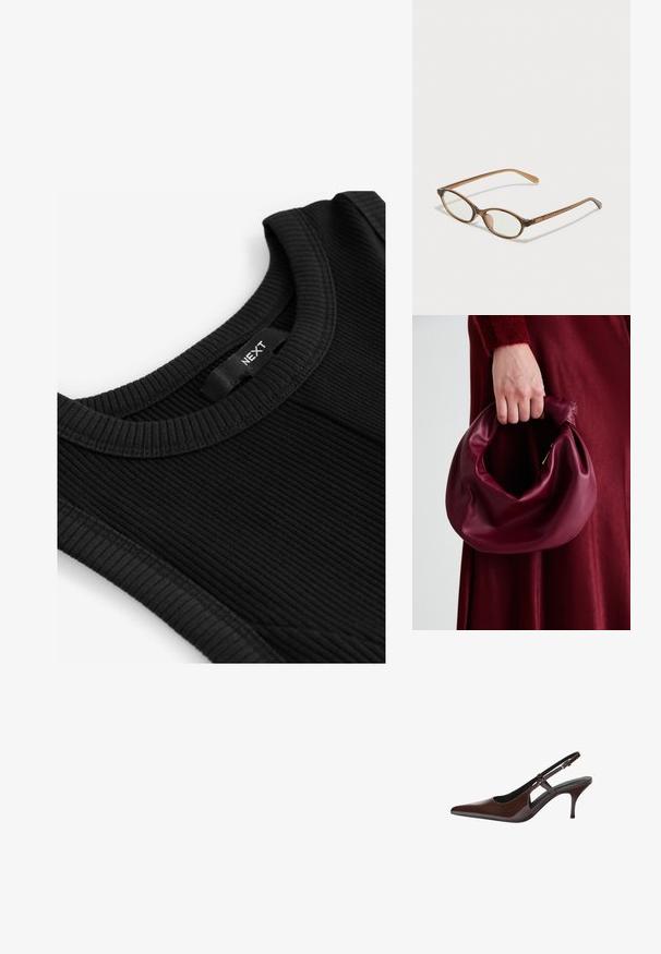 Schwarzes, geripptes Tanktop mit rundem Ausschnitt, strukturiertem Stoff und einem Etikett mit dem Markennamen "NEXT", das in den Halsausschnitt eingestickt ist.; Braune Lackleder-Slingback-Pumps mit spitzem Zeh, offenen Ausschnitten und dünnem Absatz. Mit verstellbarem Schnallenriemen.; Braune Schildpatt-Brille mit ovalen Gläsern, dünnen Bügeln und transparenten Akzenten. Verfügt über ein dezentes Logo am Bügel. Elegantes, leichtes Design.; Burgunderleder-Handtasche mit einem weichen, gerafften Design und einer gerundeten Form. Der Griff ist gesichert und zeigt eine glatte Textur.