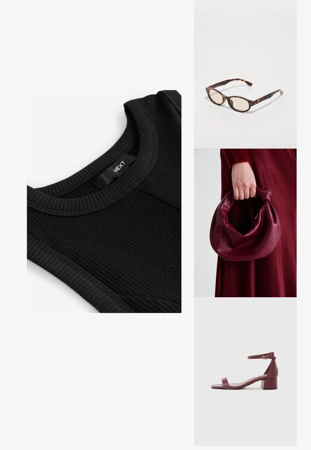 Juodas raukšlėtas liemenė su apvaliu iškirpimu, tekstūruotu audiniu ir etikete su prekės ženklo pavadinimu "NEXT", siuvinėta į kaklą.; Burgundi odinė šlepetė su kvadratiniu pirštu, plona kulkšnies juosta, auksiniais akcentais ir stambiu blokiniu kulnu. Lygus paviršius ir minimalistinis dizainas.; Žalios spalvos akinių rėmeliai su apvalia forma ir šviesiais objektyvais. Savybės: tvirtos šakės su mažomis auksinėmis detalėmis, pagamintos iš plastiko.; Bordo odinė rankinė su minkštu, susiraukšlėjusiu dizainu ir apvalia forma. Rankena yra tvirtai pritvirtinta, atskleidžianti lygią tekstūrą.