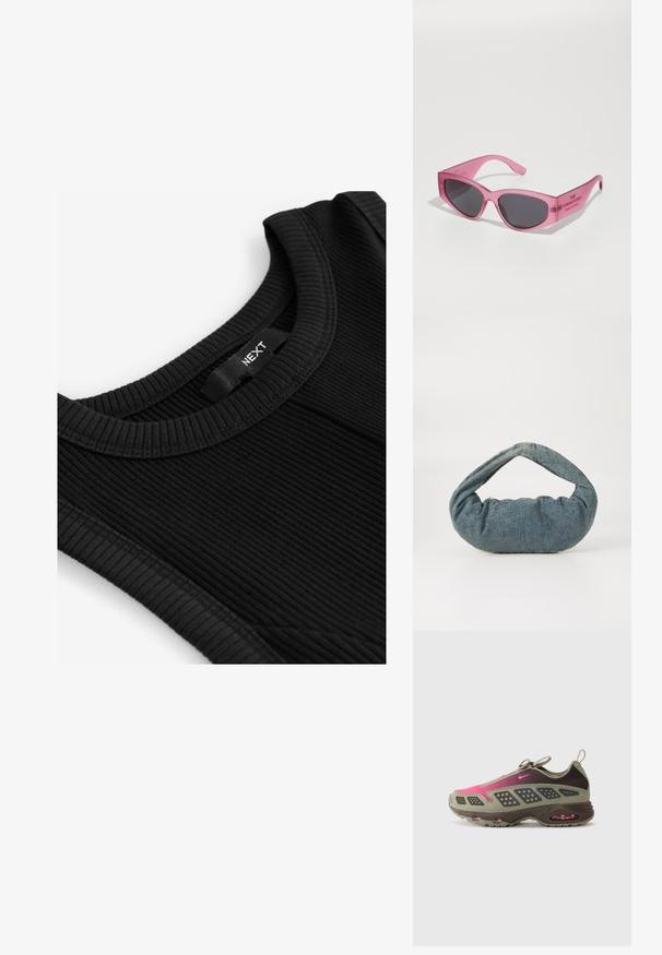 Fekete bordázott ujjatlan póló, kerek nyakkal, texturált szövettel és a "NEXT" márkanevével hímzett címkével a nyakvonalban.; Sportcipő, amely olajzöld és sötétbarna anyagok kombinációjából készült, rózsaszín kiegészítőkkel. Texturált felsőrész és látható légpárnás talp.; Rózsaszín, áttetsző napszemüveg, szögletes macskaszem formával, sötét szűrő foltokkal, és az oldalsó pánton lévő dombornyomott felirattal: "A NAPSZEMÜVEG."; Kék farmerből készült táska párnázott, lekerekített formával és ívelt fogantyúval. A textúra puha, látható varrásokkal és sima felülettel rendelkezik.