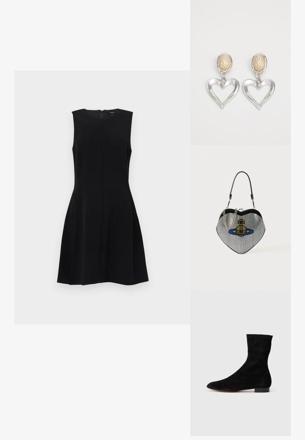 Fekete ujjatlan ruha, testhezálló felső résszel és bővülő szoknyával, rejtett hátsó cipzárral és letisztult vonalakkal. Simaságot biztosító, nem texturált anyag.; Fekete velúr bokacsizma, illeszkedő szárral, hegyes orral és alacsony blokk sarokkal. Simább felület és minimalista dizájn, amely sokoldalú stílushoz megfelelő.; Szív alakú, hálós táska fényes fémes felülettel, kék, sárga és piros macska- és bolygó mintával. Fém lánc pántot tartalmaz.; Ezüst szív alakú fülbevalók fényes felülettel. Mindegyik egy texturált bézs ovális studdal rendelkezik. Elegáns és könnyű kialakítás.