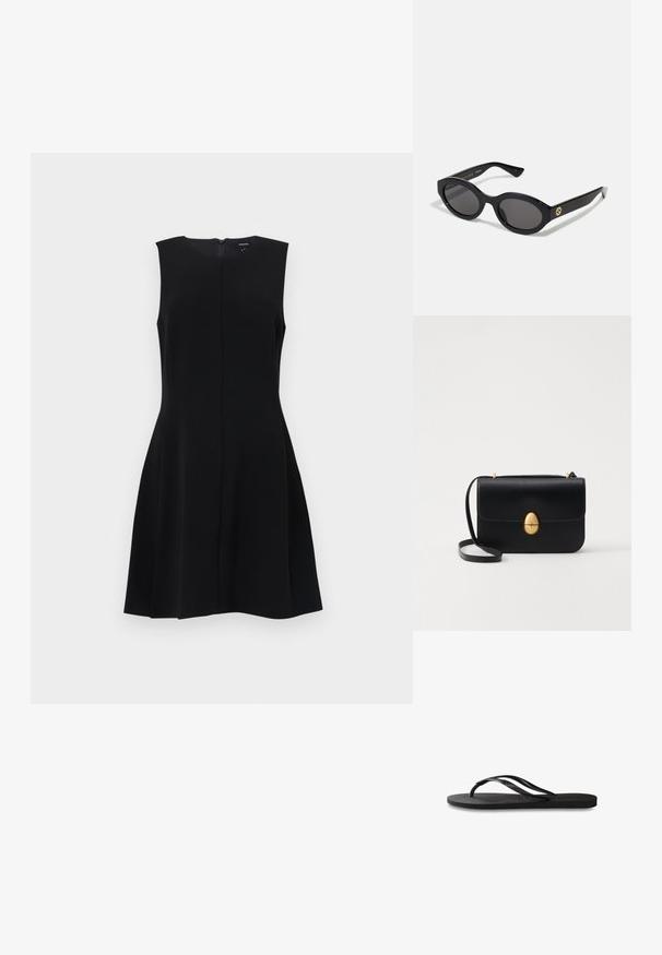 Vestido negro sin mangas con un corsé ajustado y una falda acampanada, que presenta un zipper trasero oculto y líneas limpias. Material suave, sin textura.; Chanclas negras con suela de goma texturizada, dos tiras delgadas y un sutil detalle de logo en relieve en la tira.; Gafas de sol negras en forma ovalada con lentes oscuros y montura de plástico brillante. Presenta un logo dorado en la patilla, ofreciendo un diseño elegante y moderno.; Bolso de mano de cuero negro con forma rectangular estructurada. Presenta un cierre ovalado dorado y una delgada correa para el hombro. Textura suave.