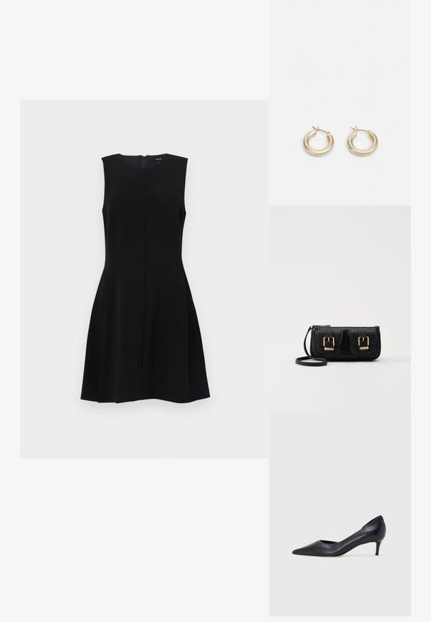 Vestido negro sin mangas con un corsé ajustado y una falda acampanada, que presenta un zipper trasero oculto y líneas limpias. Material suave, sin textura.; Zapato de tacón bajo de cuero negro con punta puntiaguda. Presenta una textura lisa y un brillo sutil. Corte abierto en la parte frontal para un detalle adicional.; Bolso cruzado de cuero negro con dos bolsillos frontales, hebillas doradas, cierre de cremallera y una correa delgada. Superficie texturizada y forma rectangular compacta.; Lauren Ralph Lauren BASIC SMALL HOOP - Pendientes - gold-coloured