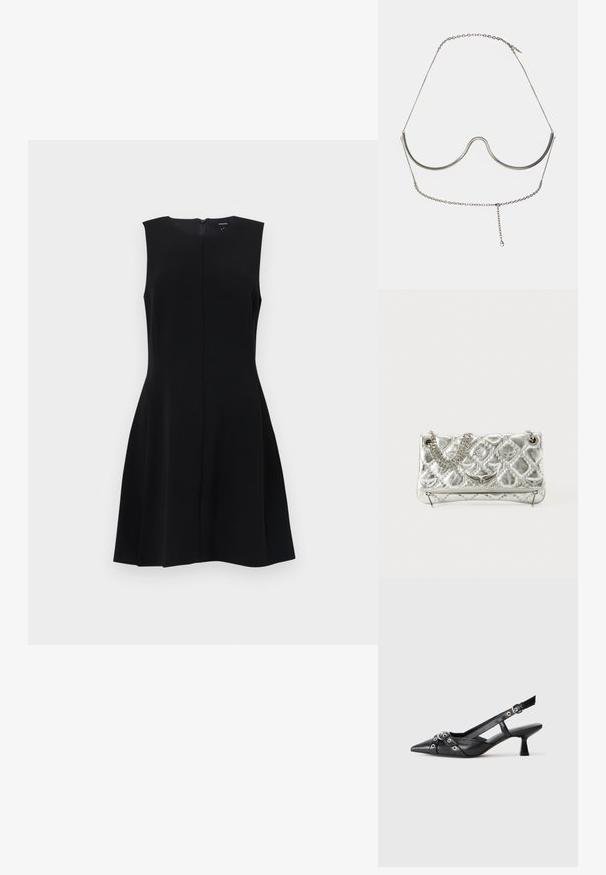 Vestido negro sin mangas con un corsé ajustado y una falda acampanada, que presenta un zipper trasero oculto y líneas limpias. Material suave, sin textura.; Zapato de slingback negro de piel con punta afilada, correas decorativas con ojales de metal y un tacón bajo y ancho. Superficie texturizada.; Bolso de mano metálico plateado con asa de cadena, textura acolchada, costura decorativa y cierre de cremallera. Presenta detalles en relieve en la parte frontal.; Cult Gaia ASHA BODY JEWELRY - Otros accesorios - bright shiny silver-coloured