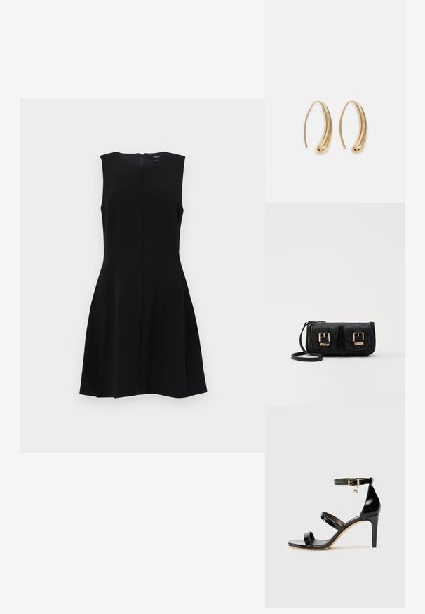 Robe noire sans manches avec un corsage ajusté et une jupe évasée, dotée d'une fermeture éclair dissimulée dans le dos et de lignes épurées. Matière lisse et sans texture.; Sandale en cuir verni noir avec trois brides, boucle de cheville et talon aiguille de 10 cm. Présente un détail en métal doré et un charm logo.; Sac en cuir noir porté en travers avec deux poches avant, boucles dorées, fermeture zippée et une sangle fine. Surface texturée et forme rectangulaire compacte.; Boucles d'oreilles en métal doré en forme d'anneau, avec une forme courbée et allongée. Elles présentent une surface lisse et brillante avec une pointe arrondie pour un détail supplémentaire.