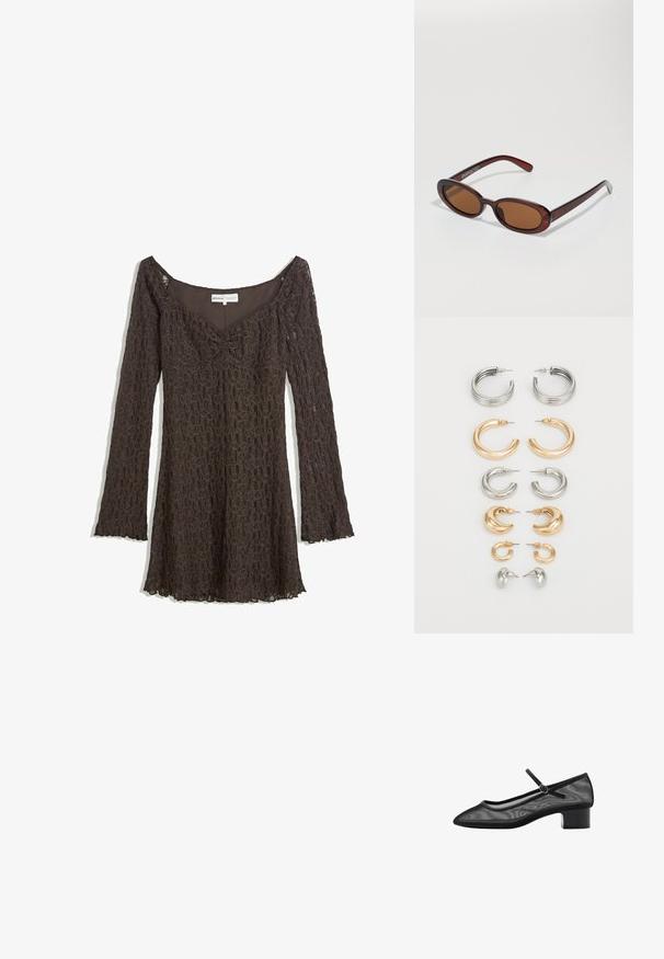 Hnedé čipkované šaty s dlhými rukávmi, off-shoulder strih, kvetinový vzor, zberaná predná časť a vlnkovaný lem.; Čierne sieťované lodičky s špicatou špičkou, malým blokovým opätkom a pásikom okolo členku. Majú hladký povrch a minimalistický dizajn.; Okrúhle slnečné okuliare s hnedým nádychom a lesklým burgundským rámom. Úzke ramená s jemným brandovaním. Plochej šošovky dizajn.; Sada ôsmich kovových náušníc v strieborných a zlatých tónoch. Obsahuje rôzne štýly kruhových náušníc, textúry a povrchové úpravy, usporiadané podľa veľkosti.