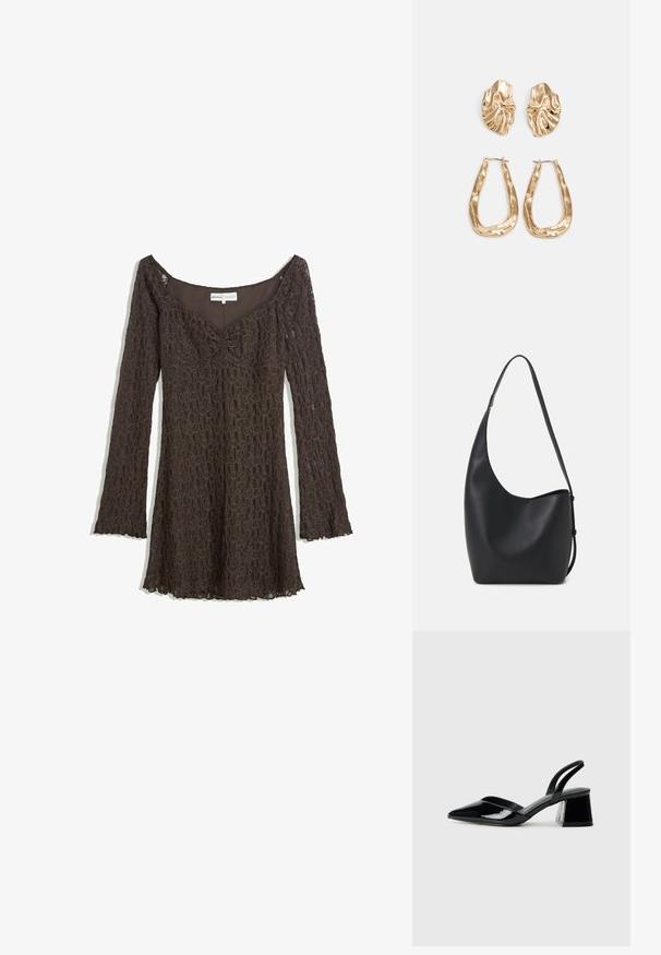 Rochie maro din dantelă cu mâneci lungi, design off-shoulder, model floral, detaliu cu volane în față și tiv ondulat.; Pantofi cu toc slingback din piele lacuită neagră, cu vârf ascuțit și toc geometric. Prezintă un design elegant, minimalist și o textură netedă.; Geantă hobo din piele neagră, cu o textură netedă, formă curbată și un singur bretele ajustabil; are o deschidere largă în partea de sus.; Cercei aurii cu forme texturate și ondulate. Include studs sculpturale cu clip și un design de cerc deschis cu un finisaj cioplit.