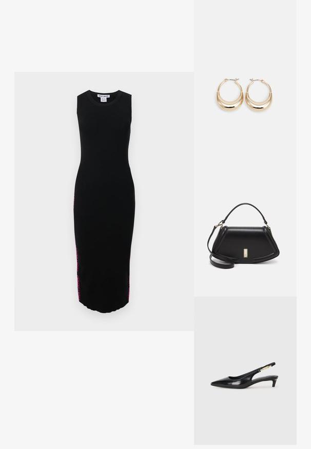 Svart strikket ermeløs midi-kjole med ribbestruktur og dristig rosa merking langs siden. Rett silhuett og avrundet kant.; Sorte lærreim hæler med spiss tå, som har en slank hæl og en gullfarget detalj på den justerbare stroppen. Glatt tekstur.; Sort lærveske med en strukturert design, som har en avkortet form, topphåndtak og detaljer i gull. Justerbar skulderstropp inkludert.; Gulltonede hoop-øreringen med en halvmåneform, polert overflate og hengsel-lukking. Glatt tekstur og reflekterende finish øker synligheten.