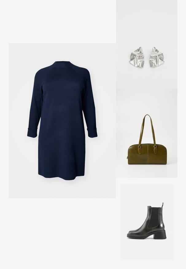 Vero Moda Curve VMCGOLD MIX HIGHNECK DRESS - Kampsunkleit - navy blazer; Mustad musta nahast pahkluu saapad siledast viimistlusest, elastsete külgpanelidega ja jämeda kontsaga. Omavad tõmbenööri, et neid oleks lihtsam jalga panna.; Olive rohelise nahast käekott ümmarguse kujuga, kahe käepidemega ja sujuva esipaneeliga. Omab sileda tekstuuri ja peeneid õmblusdetailide.; Hõbedased metallkõrvarõngad lainelise, skulpturaalse disainiga, millel on poleeritud viimistlus ja ebaregulaarsed kujundid, rõhutades kaasaegset esteetikat.
