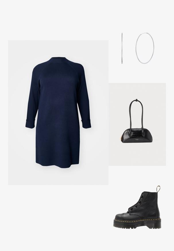 Vero Moda Curve VMCGOLD MIX HIGHNECK DRESS - Sarafanas - navy blazer; Juodas odinis aulinukas iki kulkšnies su tekstūruotu paviršiumi, apvaliu pirštu, raištelių uždarymo dizainu, geltonomis siūlėmis ir storu, briaunotu juodu platformos padu.; Juodas krokodilo rašto rankinukas su lygia tekstūra, apvalia forma ir dviem plonais rankenomis. Aukso logotipo akcentas arti apačios.; Sidabrinės metalinės lankelio formos auskarai, ovalo formos, plono dizaino, lengvi, su lygiu paviršiumi ir tvirtai užsegamu užsegimu, kad būtų lengva nešioti.