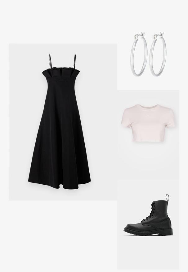 Musthave musta A-line kleit õhukeste rihmadega, millel on struktureeritud volditud kaelus ja voogav, põrandani ulatuv siluett. Sile tekstuur.; Lühikeste varrukatega helesinine lühikesed T-särk, valmistatud pehmest kangast. Omab ümmargust kaelaauku ja rinnal on väike valge Nike logo.; Mustad mustavi combat kingad ümmarguse varbaga, paeltega esiosa ja säärel tõmbeaas. Omab paksu kummist tallat, mis tagab vastupidavuse.; Hõbedased rõngaskõrvarõngad, millel on sile, läikiv viimistlus. Ümmargune kuju ja turvaline klõpsulatus. Kerge disain, sobib igapäevaseks kandmiseks.