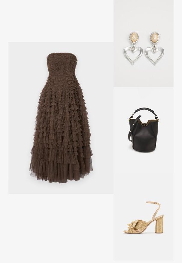 Abito marrone senza spalline con un corpino testurizzato e una gonna a strati con volant, con delicati accenti dorati distribuiti tra i volant.; Sandali con tacco dorato, con un davanti annodato, texture plissettata e cinturino alla caviglia. Il tacco a blocco ha un design rigato che migliora la presa.; Borsa a secchiello in pelle nera con finitura testurizzata, dettagli in metallo dorato e apertura superiore. Presenta una maniglia corta e una tracolla regolabile.; Orecchini a forma di cuore in argento con una finitura lucida. Ognuno presenta un fermaglio ovale beige con texture. Design elegante e leggero.