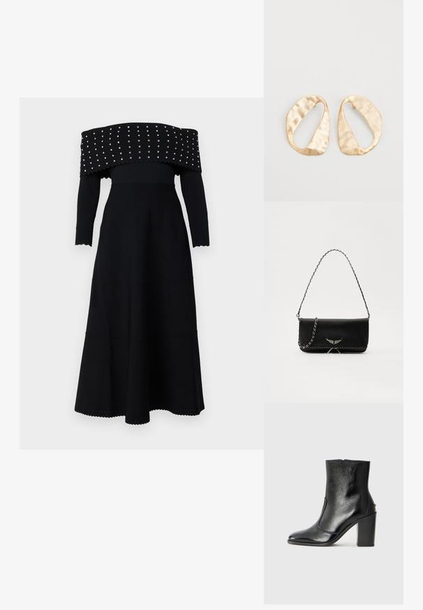 Mustmust õlgadelt avatud must kleit pikkade varrukatega, ribakujuline tekstuur, lainelised servad ja hõbedased nupud kaelas ja kehaosas.; Must kõvale nahast pahklipsu saapad, millel on sile tekstuur, terav varvas ja paks kõrge kann. Omab külgavatust ja minimalistlikku disaini.; Mustvalge nahk käekott hõbedase ahelsanga ja dekoratiivsete tiivaaktsentidega, samuti valgete õmblustega alumises ühenduses.; Mustvalge nahk käekott hõbedase ahelsanga ja dekoratiivsete tiivaaktsentidega, samuti valgete õmblustega alumises ühenduses.; Eba paar eba ebaorditud ovaalkujulisi kuldehhe kaal setertu, kerge keersuju pinnaga valgel taustal.