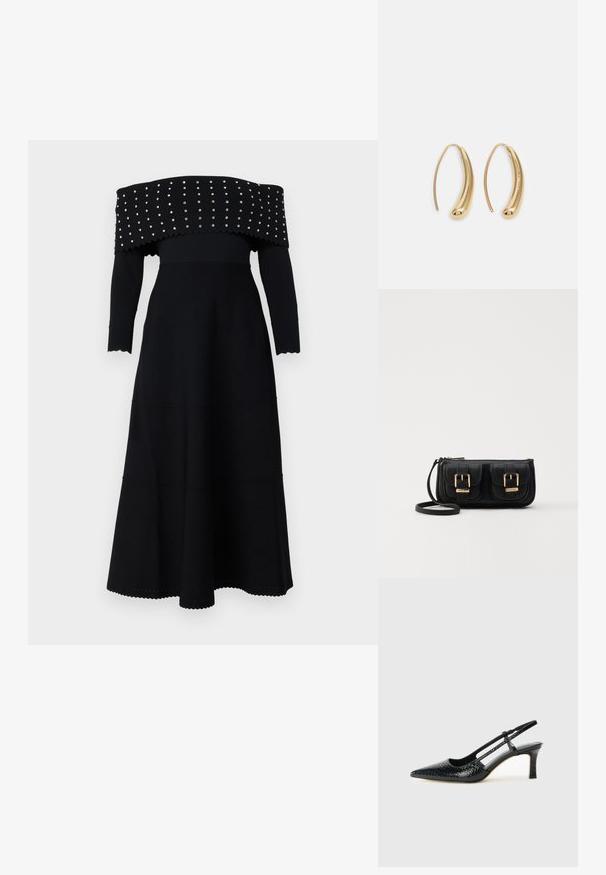 Mustas olkaimeton mekko, jossa on pitkät hihat, ribbikuvio, aallotettu reuna ja hopeiset niitit kaula-aukon ja vartalon ympärillä.; Musta patent slingback-kiilakorko teräväkärkisellä muotoilulla, jossa on teksturoitu käärmeennahkakuosi, säädettävä remmi ja lyhyt, teksturoitu blokkiheel.; Musta nahkainen olkalaukku, jossa on kaksi etutaskua, kultaiset soljet, vetoketjukiinnitys ja kapea hihna. Teksturoidun pinnan ja kompaktin suorakaiteen muoto.; Korvakorut kultasävytteistä metallista, joissa on kaareva, pitkänomainen muoto. Ominaisuuksiin kuuluu sileä, kiiltävä pinta ja pyöreä kärki lisäyksinä.