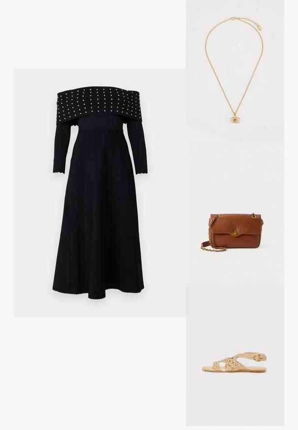 Schwarzes schulterfreies Kleid mit langen Ärmeln, geripptem Stoff, gewellten Kanten und silbernen Nieten entlang des Ausschnitts und des Mieders.; Stuart Weitzman THEA - Riemensandalette - golden; Braune Leder-Crossbody-Tasche mit Klappenverschluss, goldenen Beschlägen und einer Kettenriemen. Glatte Textur, rechteckige Form, minimalistische Details.; Goldkette mit einer runden Anhänger, der einen zentralen rosa Stein präsentiert, mit glatter Textur und polierter Oberfläche.