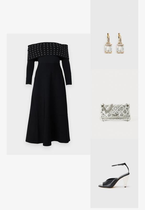 Black off-the-shoulder dress with long sleeves, ribbed texture, scalloped edges, and silver studs along the neckline and bodice.; Black leather high heel sandal with open toe, asymmetrical design, ankle strap, and a metallic cone-shaped heel. Smooth texture throughout.; Silver metallic handbag with chain handle, quilted texture, decorative stitching, and a zip closure. Features embossed accents on the front.; Gold-tone earrings featuring a rectangular, clear crystal dangling below a row of small, round clear accents. Sleek, modern design.