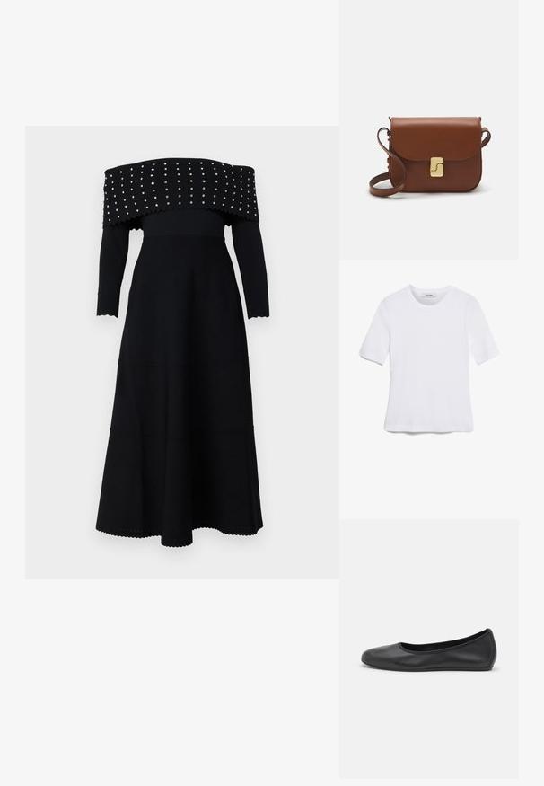 Melnā off-the-shoulder kleita ar garām piedurknēm, ribota tekstūra, viļņotas malas un sudraba kniedes gar kakla līniju un kleitas augšdaļu.; Balta īsām piedurknēm T-krekls, izgatavots no ribota auduma. Apaļš izgriezums, regulāra piegriezuma un diskrēti šuvumu detaļas. Bez printiem vai grafikām.; Melna ādas baleta kurpe ar noapaļotu purngalu, gludu tekstūru, minimālu šuvju detalizāciju un elastīgu zoles dizainu.; Bordo ādas rokas soma ar atloku, zeltītām detaļām, plecu siksnu un gludu virsmu. Kompakta, taisnstūrveida forma.