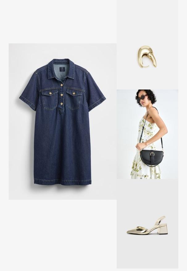 Vestido- camisa de mezclilla en azul oscuro con mangas cortas, dos bolsillos en el pecho, cierre con cinco botones y textura descolorida sutil.; Tacones slingback metálicos dorados con punta afilada y tacón grueso. Textura suave, diseño minimalista y una correa estrecha.; Bolso de piel negra con forma curva, correa desmontable y herrajes dorados. El bolso cuenta con una solapa con un detalle de hebilla.; Pendiente de metal en tono dorado con un diseño elegante y curvado. Presenta una forma puntiaguda distintiva, superficie pulida y cierre de bisagra.