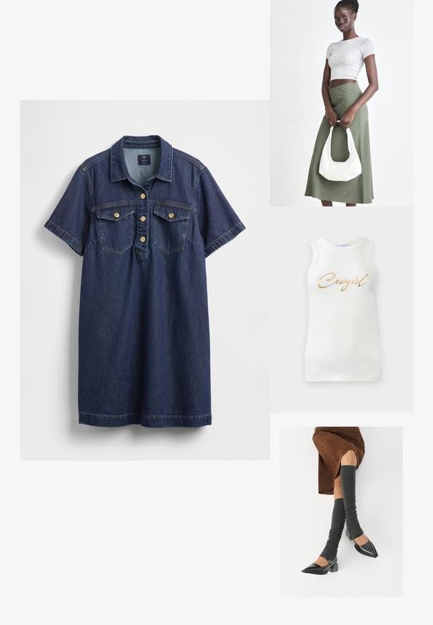 Denim skjortekjole i mørkeblå med korte ærmer, to brystlommer, fem knapper og en diskret falmet tekstur.; Hvid ærmeløs ribbet top med guldmetallic skrift, der står "Cowgirl" på tværs af brystet, præsenteret på en ensfarvet baggrund.; Sorte patenterede lædersko med spids tå, blokhæl og ankelrem, kombineret med grå ribbede benvarmere og en brun ruskinds nederdel.; Grå ribbet crop top og olivengrøn højhøjdet nederdel. Modellen holder en hvid skuldertaske med udskæringsdetaljer. Enkel design, tætsiddende silhuet.