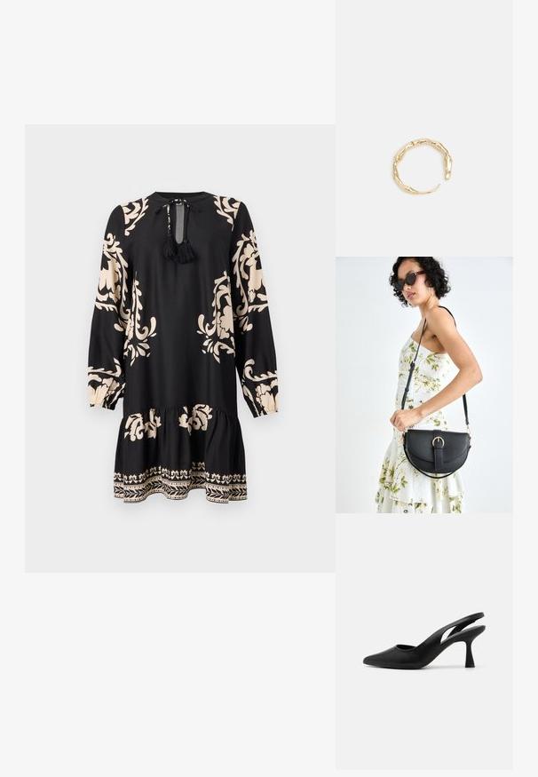 Črna obleka z dolgimi rokavi, ki ima bež cvetlične vzorce in volanast rob. Vključuje zavezan vrat z resicami za dodatne detajle.; Črne slingback pete s koničastim prstom, izdelane iz gladkega usnja. Imajo izrezljan dizajn in trden, zožen peto.; Črna usnjena torbica s ukrivljeno obliko, z odstranljivo naramnico in zlatimi dodatki. Torbica ima pokrov s podrobnostmi v obliki zaponke.; Zlati prstan s organskim, zvitim dizajnom, gladko površino in taperiranimi konci, ki ustvarja modernega, skulpturalnega videza.