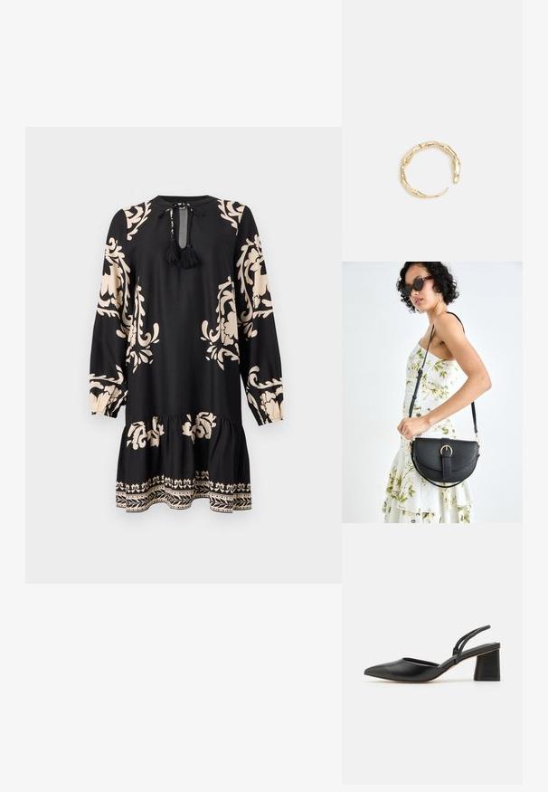 Crna haljina dugih rukava, s bež cvjetnim uzorcima i volanima na rubu. Uključuje vezanje oko vrata s resicama za dodatni detalj.; Crna cipelica s otvorenom petom i špicastim prstima napravljena od glatke kože, s niskom blok petom i tankim trakama straga za sigurno prianjanje.; Crna kožna torba s lukovitim oblikom, odvojivim remenom i zlatnim detaljima. Torba ima preklop s kopčom.; Prsten u zlatnoj nijansi s organskim, uvijenim dizajnom, glatkom teksturom i suženim krajevima, koji stvara moderan, skulpturalni izgled.