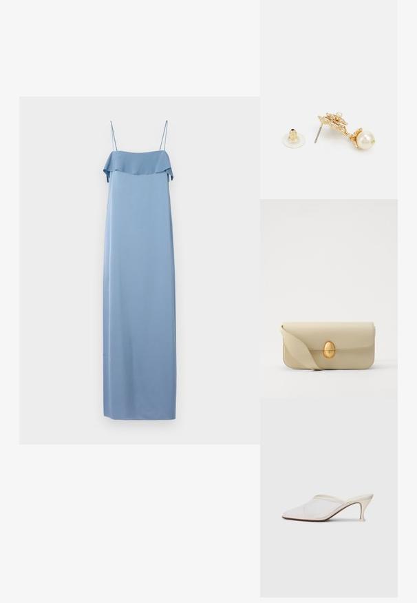 Világoskék, ujj nélküli maxi ruha fodros nyakkivágással. Simma anyagból készült, vékony vállpántokkal és egyenes sziluettel.; Fehér hálós, hegyes orrú mules cipő, vékony, középmagas sarkával és slip-on kialakításával, egyszerű háttér előtt.; Beige bőrtáska sima textúrával, téglalap alakban, arany ovális zárral. Hosszú, állítható pánttal rendelkezik.; Arany tónusú fülbevalók, dekoratív mintával és gyöngy díszítéssel, fémből készült rögzítéssel és áttetsző gumi hátlappal.