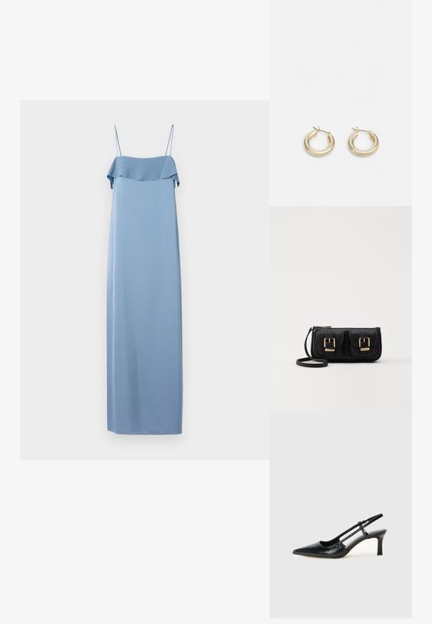 Svijetloplava, bezrukavna maksi haljina s nabranim dekolteom. Izrađena od glatkog materijala, s tankim naramenicama i ravnim siluetom.; Crne lakirane slingback pete s oštrim vrhom, s teksturiranim uzorkom zmijske kože, podesivom remenom i kratkom, teksturiranom blok-petom.; Crna kožna torba preko ramena s dva prednja džepa, zlatnim kopčama, zatvaranjem na zip i uskim remenom. Teksturirana površina i kompaktan pravokutan oblik.; Lauren Ralph Lauren BASIC SMALL HOOP - Naušnice - gold-coloured