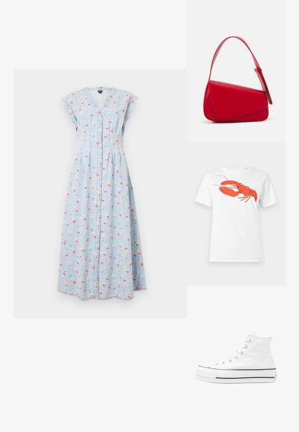 Vestido de denim azul claro com mangas curtas, decote em V, padrão floral em rosa e branco, fechamento com botões e uma silhueta longa e fluida.; Camiseta de algodão branca com um grande gráfico de lagosta vermelha brilhante na frente. Mangas curtas e design de gola redonda padrão.; Sapatilha alta de tela branca com sola de borracha preta, bico de borracha na frente e seis ilhós para os atacadores, apresentando um design limpo e minimalista.; Bolsa de mão em couro vermelho com um design angular e geométrico. Apresenta uma única alça ajustável e um fecho com aba, com detalhes cosidos.