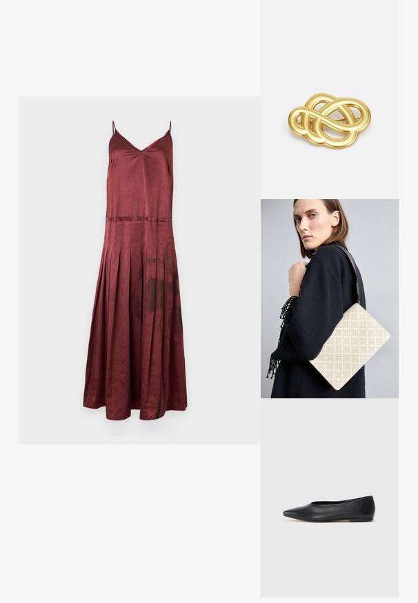 MAX&Co. CURLY - Galajurk - schwarz; Zwarte leren balletflat, puntige neus, minimalistisch design, gladde textuur, lage hak, geen zichtbaar beslag of versieringen.; Beige schoudertas met patroon en een gestructureerde vorm, voorzien van een bruine, gemeleerde schouderriem. Draagt door een model tegen een grijze achtergrond.; Goudkleurige broche met een knoopontwerp, featuring gladde, gebogen lijnen en een ingewikkelde vorm, wat zorgt voor een gepolijste afwerking.