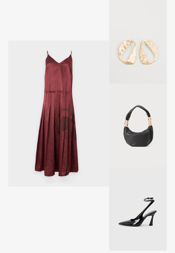 MAX&Co. CURLY bordowy; Czarne lakierowane szpilki slingback na wysokim obcasie z wydłużonym noskiem, regulowanym paskiem na kostce i umiarkowanym obcasem w kształcie bloku. Gładka struktura z błyszczącym wykończeniem.; Czarna skórzana torebka o okrągłym kształcie, miękkiej fakturze i wiązanym uchwycie z akcentami w złotym odcieniu. Zamek błyskawiczny.; Para nieregularnych, owalnych kolczyków ze złotego metalu o teksturowanej, lekko młotkowanej powierzchni na białym tle.