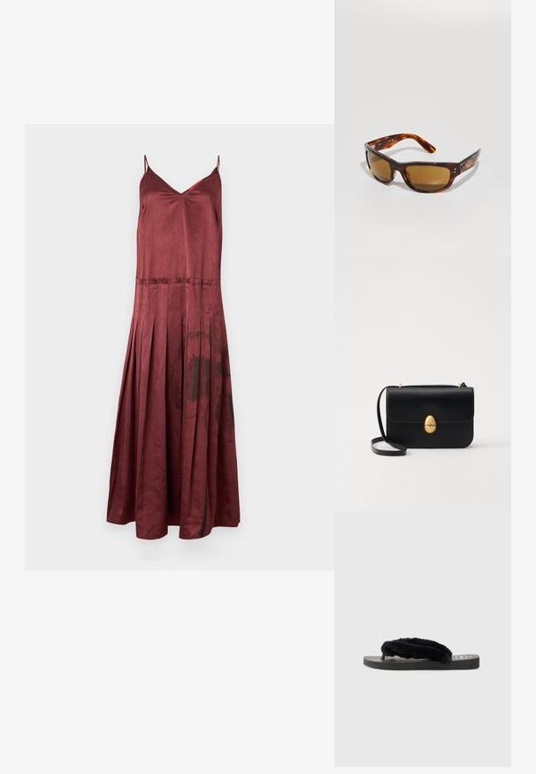 MAX&Co. CURLY - Vestido de fiesta - schwarz; Chanclas negras con dos correas suaves y peludas, suela de goma plana y plantilla texturizada para un mejor agarre. Diseño simple en una paleta de colores monocromática.; Gafas de sol carey con lentes marrones. Montura rectangular elegante, textura suave, marca sutil en el lado y brazos curvados para mayor comodidad.; Bolso de mano de cuero negro con forma rectangular estructurada. Presenta un cierre ovalado dorado y una delgada correa para el hombro. Textura suave.