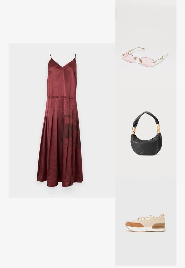 MAX&Co. CURLY - Ballkleid - schwarz; Sneaker mit einem Obermaterial aus beigem Stoff, tanfarbenen Wildleder-Akzenten, einer weißen Zwischensohle und einer Gummisohle mit einem Branding-Detail.; Gucci Sonnenbrille - gold-coloured/pink; Schwarze Lederhandtasche mit runder Form, weicher Textur und einem geknoteten Griff mit goldfarbenen Hardware-Akzenten. Reißverschlussverschluss.