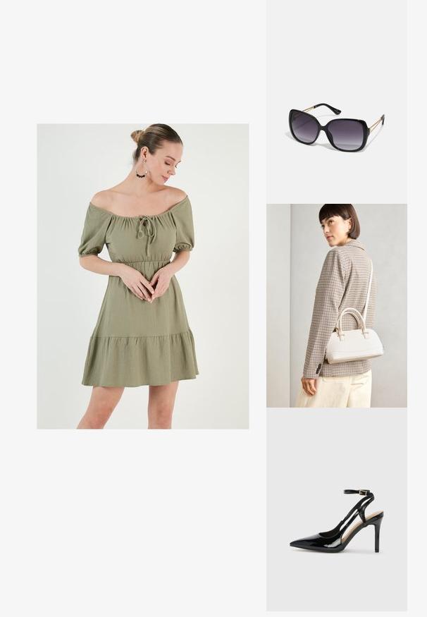 Obleka off-shoulder v olivno zeleni barvi s pufastimi rokavi, cinčanim pasom in volanastim robom. Ima detajl z vezavo na vratu in teksturirano tkanino.; Črne lakaste usnjene čevlje na visoki peti z odprtim petnim delom, usnjeni trak za prilagoditev okrog gležnja in z ozkimi stranskimi odprtinami. Gladka tekstura.; Črne prevelike sončne očala z degradacijskimi lečami, debelimi okvirji in zlatimi verižicami na ročajih.; Bela strukturirana torba z kratkimi ročaji in naramnim trakom, z zlatimi okrasnimi elementi in teksturiranim materialom, prikazana na sivi podlagi.