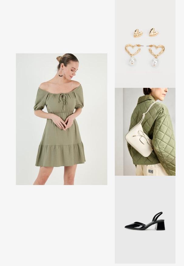 Šaty s odhalenými ramenami v olivovo zelenej farbe, s nápadnými rukávmi, zúženým pásom a volánikmi na spodnom leme. Obsahuje detail viazania pri výstrihu a textúrovanú látku.; Čierne lakované kožené sandálové podpätky s špicatou špičkou a geometrickým blokovým podpätkom. Disponujú elegantným, minimalistickým dizajnom a hladkým povrchom.; Bežová kožená crossbody taška s detailom mašle, zlatým kovaním a jedným nastaviteľným popruhom, nosená cez zelenú prešívanú bundu.; Náušnice v zlatej farbe v tvare srdca s textúrovaným povrchom, s visiacou perlou ako ozdobou. Obsahuje aj zodpovedajúce náušnice srdcového tvaru na puzetu.