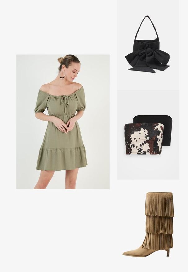 Schulterfreies, olivgrünes Kleid mit Puffärmel, tailliertem Bund und Rüschensaum. Verfügt über eine Bindeschleife am Ausschnitt und strukturierten Stoff.; Zwei trägerlose Oberteile: Eines hat ein braun- und cremefarbenes, abstraktes Tiermuster, während das andere einheitlich schwarz ist. Beide sind aus weichem Stoff gefertigt.; Fransen-Stiefelette aus taupefarbenem Wildleder mit drei Lagen Fransen. Spitz zulaufende Zehenpartie und ein niedriger Blockabsatz. Durchgehend glatte Oberfläche.; Schwarze Stoffhandtasche mit einer gebundenen Schleifenakzent, runder Form, strukturiertem Oberflächen mit kleinen Mustern und einem einzelnen, dünnen Tragegriff.