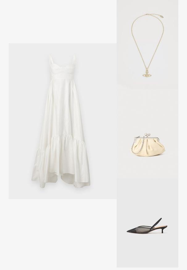 Bijela pamučna maksi haljina s tijesnim korzetom, tankim trakama i višeslojnim naboranim rubom. Glatka tekstura i suptilni sjaj kroz cijelu haljinu.; NEOUS IRENA - Klasične cipele s visokom petom - black; Nabrana bež kožna torbica s srebrnim metalnim okvirom, koja sadrži dva okrugla dekorativna kopčanja i srebrnu lančanu naramenicu.; Vivienne Westwood MAYFAIR BAS RELIEF PENDANT - Ogrlica - gold-coloured