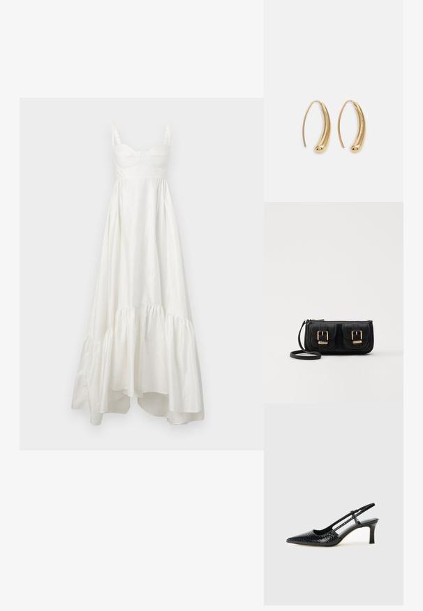 Biela bavlnená maxi šaty s priliehavým korzetom, tenkými ramienkami a vrstveným volánkovým lemom. Hladká textúra a jemný lesk v celom prevedení.; Čierne patentové slingback topánky na ihlovom podpätku s špicatou špičkou, s textúrovaným hadím vzorom, nastaviteľným popruhom a krátkym, textúrovaným blokovým podpätkom.; Čierna kožená crossbody taška s dvoma prednými vreckami, zlatými sponami, zipsovým uzatváraním a úzkym popruhom. Štruktúrovaný povrch a kompaktný obdĺžnikový tvar.; Náušnice vo forme zlatých kovových kruhov s zakriveným, predĺženým tvarom. Majú hladký, lesklý povrch a zaoblený koniec pre pridanie detailu.